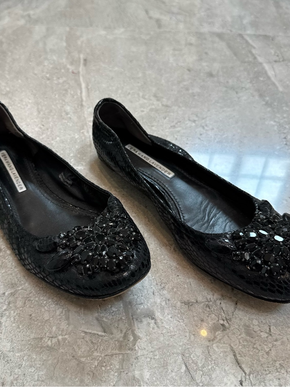 Vera Wang Black Embellished Snake-Print Ballet Flats
